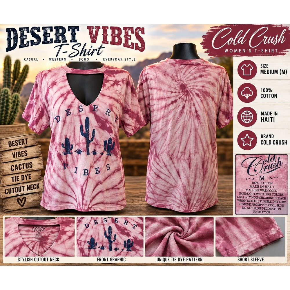 Cold Crush Desert Vibes Tie Dye Cutout Neck T-Shirt Pink Medium Cactus Boho